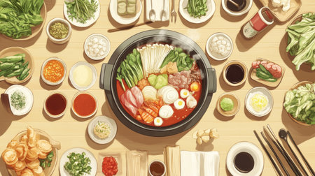 A top-down view of a table set for shabu-shabu, with a hot pot in the center surrounded by various fresh ingredients, dipping sauces, and utensils for cooking.の素材