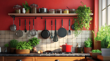 A vibrant kitchen scene showcasing a variety of pots and pans hanging from a rack, with fresh herbs and spices arranged neatly on the countertop, inviting culinary creativity.の素材