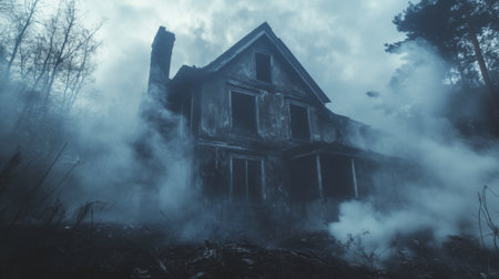 Smoke seeping through the cracks of an old, abandoned house, creating an eerie, haunted atmosphere, perfect for a horror or mystery theme.の素材