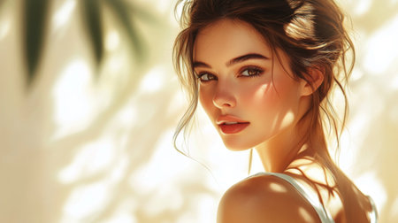 A woman with radiant, glowing skin and soft, natural makeup, standing in a sunlit room, her beauty accentuated by the gentle light and minimalistic background.の素材