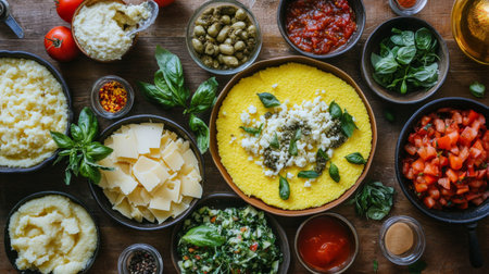 A vibrant overhead shot of a polenta board with different toppings, including cheese, vegetables, and sauces, inviting viewers to explore the diverse flavors.の素材