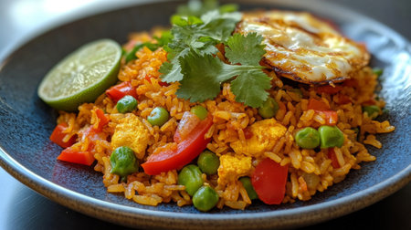 A vibrant plate of curried fried rice garnished with fresh cilantro, colorful vegetables, and a squeeze of lime, served with a side of crispy fried egg.の素材