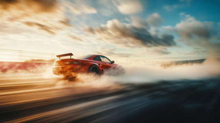 Smoke rising from the wheels of a car during a high-speed drift on a racetrack, with motion blur emphasizing the speed and intensity of the action.の素材