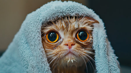 A wet cat wrapped in a fluffy towel after a bath, its big eyes peeking out with a mix of relief and confusion.の素材
