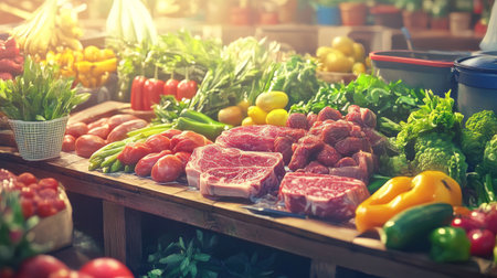 A vibrant food market scene with fresh ingredients for making , including cuts of beef, herbs, and vegetables, highlighting the essence of Thai cooking.の素材