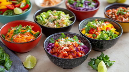 A vibrant Thai feast featuring a variety of  bowls with different colors and textures, presented alongside traditional Thai dishes and garnished with fresh herbs.の素材