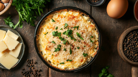 A visually striking overhead shot of a carbonara dish garnished with fresh herbs and grated cheese, surrounded by ingredients like eggs, cheese, and black pepper for a culinary context.の素材