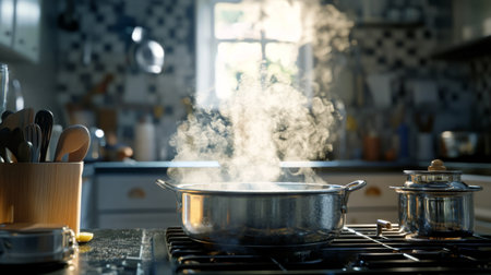 Steam escaping from a freshly boiled pot of water on a stove, with the steam swirling up and the kitchen setting in the background, capturing the essence of home cooking.の素材