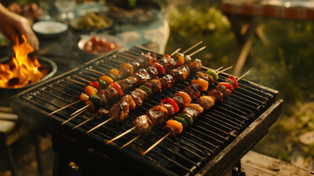 A vibrant outdoor picnic setting with a barbecue grill, showcasing skewers of marinated meats and colorful vegetables ready to be cooked.の素材
