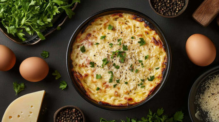 A visually striking overhead shot of a carbonara dish garnished with fresh herbs and grated cheese, surrounded by ingredients like eggs, cheese, and black pepper for a culinary context.の素材