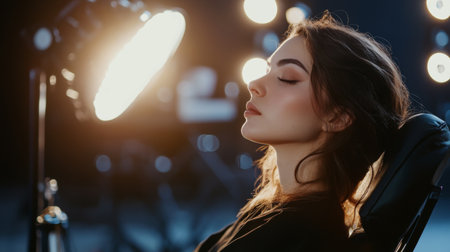 A woman sitting in a makeup chair in a professional studio, with lights illuminating her face as she undergoes a transformation, showcasing the expertise of the makeup artist.の素材