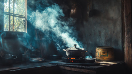 Smoke curling upwards from a traditional Thai kitchen stove, with the rustic surroundings of a countryside home in the background.の素材