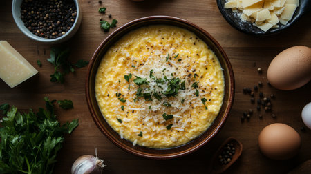 A visually striking overhead shot of a carbonara dish garnished with fresh herbs and grated cheese, surrounded by ingredients like eggs, cheese, and black pepper for a culinary context.の素材