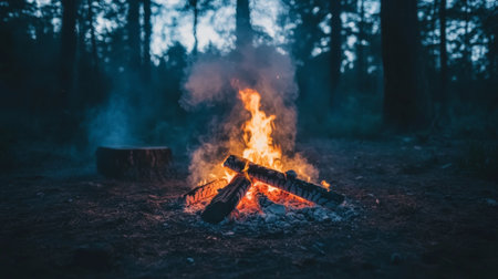 Smoke swirling around a burnt-out campfire in a dark forest clearing, with ashes and glowing embers visible, evoking a sense of solitude and wilderness.の素材