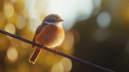 A close-up of a bird perched on a power line, with the delicate balance of nature and technology captured in a simple yet powerful image.の素材