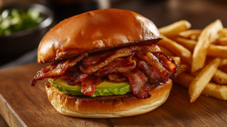 A close-up of a bacon and avocado sandwich, with crispy bacon peeking out, served on a wooden cutting board with a side of fries.の素材
