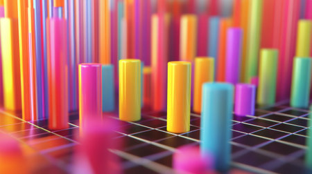 A close-up of a D bar graph displaying financial data with vibrant, colorful bars rising above a grid, showcasing the dynamic nature of investment trends.の素材
