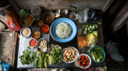 A high-angle view of a beautifully plated Thai dish with a bowl of  in the center, surrounded by an array of dipping vegetables and condiments, creating an inviting and colorful meal.の素材