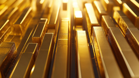 A close-up of a D gold histogram with golden bars of varying heights, representing data distribution across different categories with a touch of luxury.の素材