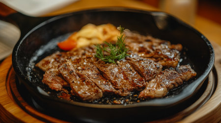 A detailed shot of a cast-iron skillet with a perfectly seared steak, showcasing the cooking surface and rich texture of the food, with a wooden handle in focus.の素材