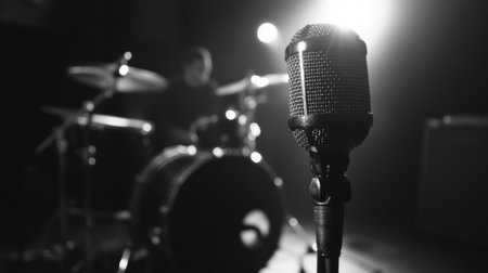 A close-up of a microphone with a bright, reflective surface under stage lights, capturing the shine and detail of the equipment in a performance setting.の素材