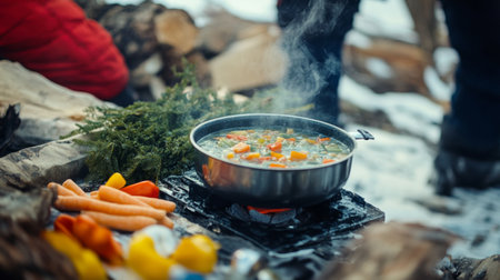 A close-up of a camping stove with a pot of soup simmering, surrounded by fresh ingredients, highlighting the joys of cooking outdoors in nature.の素材