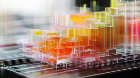 A detailed shot of a D stacked column graph with multiple layers and segments, illustrating the breakdown of financial data across different categories and time periods.の素材