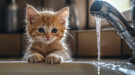 A cute, drenched kitten sitting in a sink with a gentle stream of water flowing, its tiny paws resting on the edge.の素材