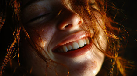A detailed shot of a young woman laughing or smiling with her eyes crinkling, capturing the joy and spontaneity of her expression and the warmth of her personality.の素材