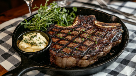 A rustic table setting with a grilled T-bone steak served on a cast-iron skillet, accompanied by a side of garlic butter and fresh herbs.の素材