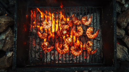 A top-down view of a barbecue grill with shrimp sizzling on the grates, capturing the cooking process and the vibrant color of the shrimp as they cook.の素材