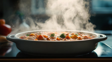 A detailed shot of a steaming hot casserole dish, with steam visible as it is served from the oven, highlighting the savory and comforting qualities of the meal.の素材