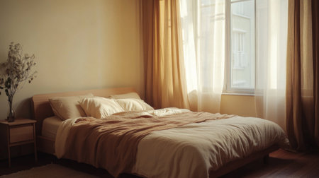 A tranquil Muji-style bedroom with a low-profile bed, soft bedding in earthy tones, and a minimalist aesthetic, promoting relaxation and a clutter-free environment.の素材
