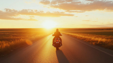 A motorcyclist riding down an open road at sunset, with the golden light reflecting off the bike's chrome, capturing the freedom of the ride.の素材