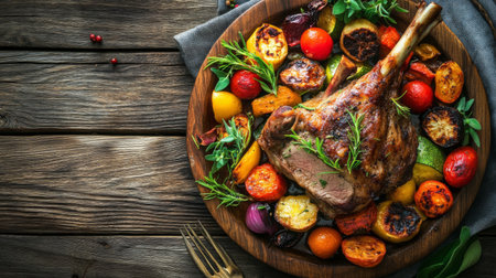 A mouthwatering dish of slow-cooked lamb shank served with roasted vegetables and herbs, beautifully plated on a rustic wooden table.の素材