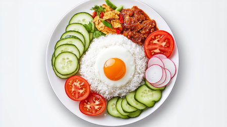 A top-down shot of  with a variety of side dishes including sliced cucumbers, tomatoes, and pickled radish, showcasing a complete and flavorful Thai breakfast spread.の素材