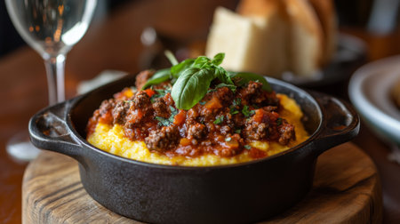 A rustic dish of polenta served with a hearty meat sauce, garnished with fresh basil, emphasizing the comforting and hearty qualities of traditional Italian cuisine.の素材