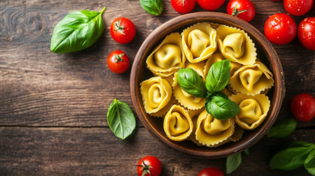 A vibrant overhead shot of tortellini in a bowl, garnished with fresh basil leaves and cherry tomatoes, emphasizing the colorful presentation and freshness of the dish.の素材