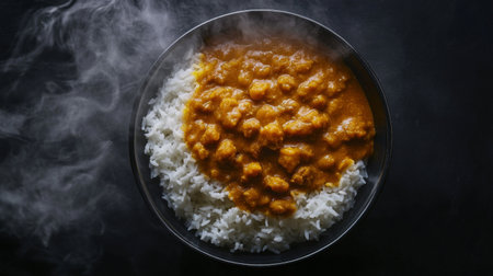 A top-down view of a steaming bowl of hot rice with a flavorful curry sauce, steam curling above the dish, emphasizing the richness and warmth of the meal.の素材