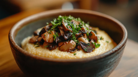 A warm bowl of creamy polenta topped with sauted mushrooms and fresh herbs, showcasing its smooth texture and rich flavor, perfect for a comforting meal.の素材