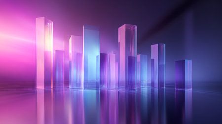 A D bar graph with tall, transparent bars in shades of blue and purple, set on a reflective surface with a soft spotlight effectの素材