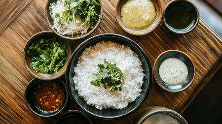 A beautiful flat lay of a meal featuring steaming white rice, fresh herbs, and dipping sauces, inviting the viewer to indulge in a flavorful experienceの素材