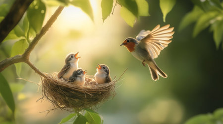 A beautiful image of a nest with baby birds looking up, with a blurred background of their parent bird flying in to feed them, highlighting nature's dynamicsの素材