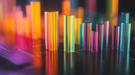 A D bar graph with colorful transparent bars of different heights on a reflective dark background, casting soft shadows for a modern, high-tech lookの素材