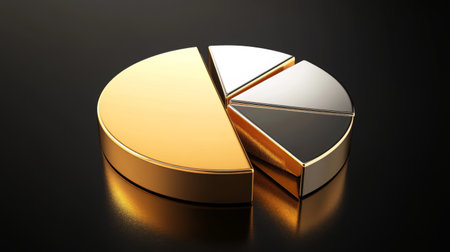 A D pie chart with gold and silver segments on a dark reflective background, illustrating the portion of gold in an investment portfolioの素材