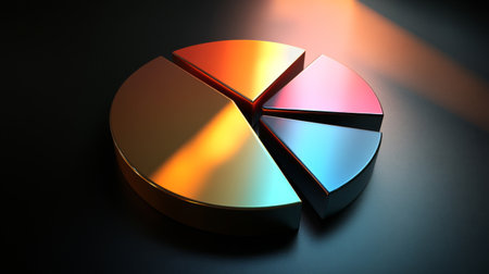 A D financial pie chart with metallic segments, casting shadows on a dark background, creating a modern, professional data visualizationの素材