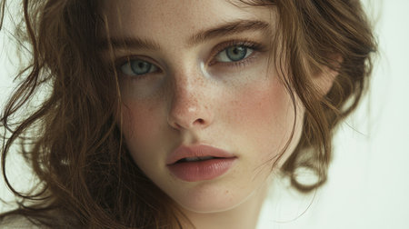 A close-up of a woman with a flawless complexion and glowing skin, her hair styled elegantly, embodying sophistication and timeless beauty against a neutral backgroundの素材