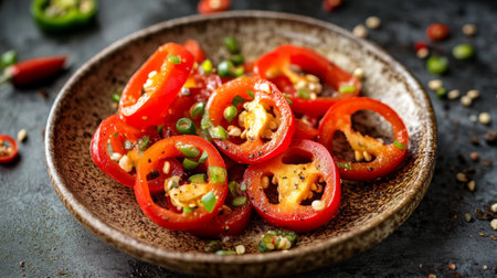 A close-up view of sliced chili peppers placed on a ceramic dish, highlighting the seeds and vibrant colors, set against a dark background for contrastの素材