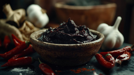 A captivating close-up of a bowl of chili paste, surrounded by fresh chilies, garlic, and spices, highlighting the ingredients used in creating spicy dishesの素材