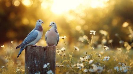 A captivating image of two doves resting on a rustic wooden fence post, surrounded by wildflowers, highlighting the beauty of their habitatの素材